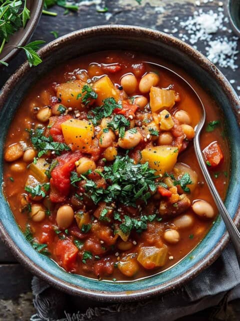 Bean stew with white beans and vegetables in a bowl.
