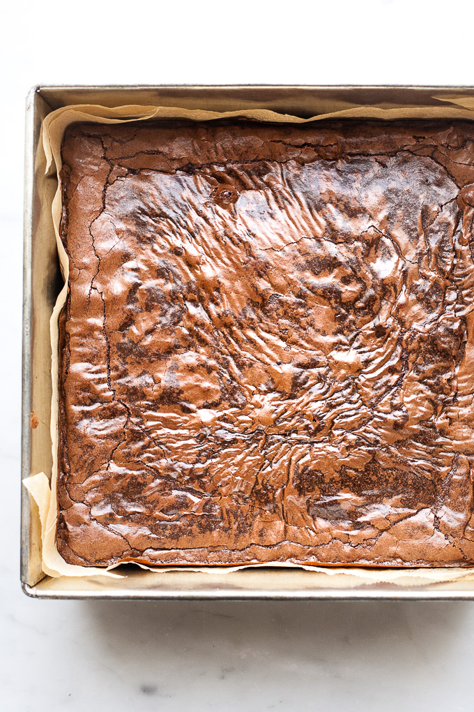 Pan of fudge brownies baked from scratch.