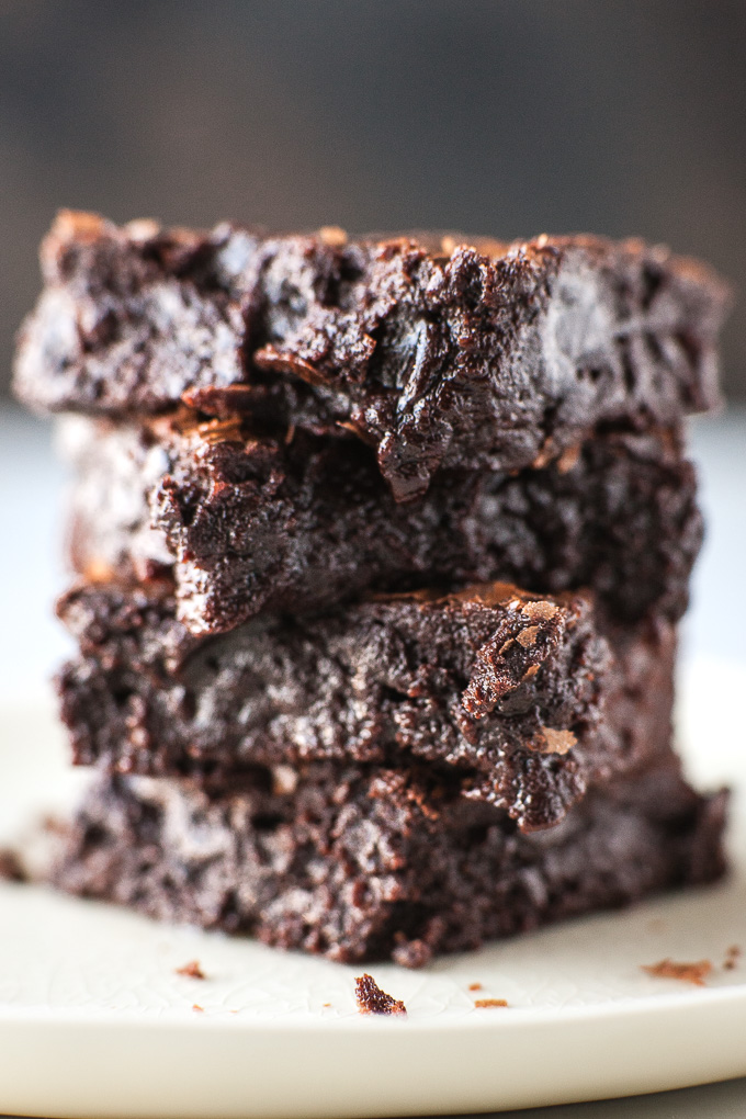 Stack of baked fudge brownies from scratch.