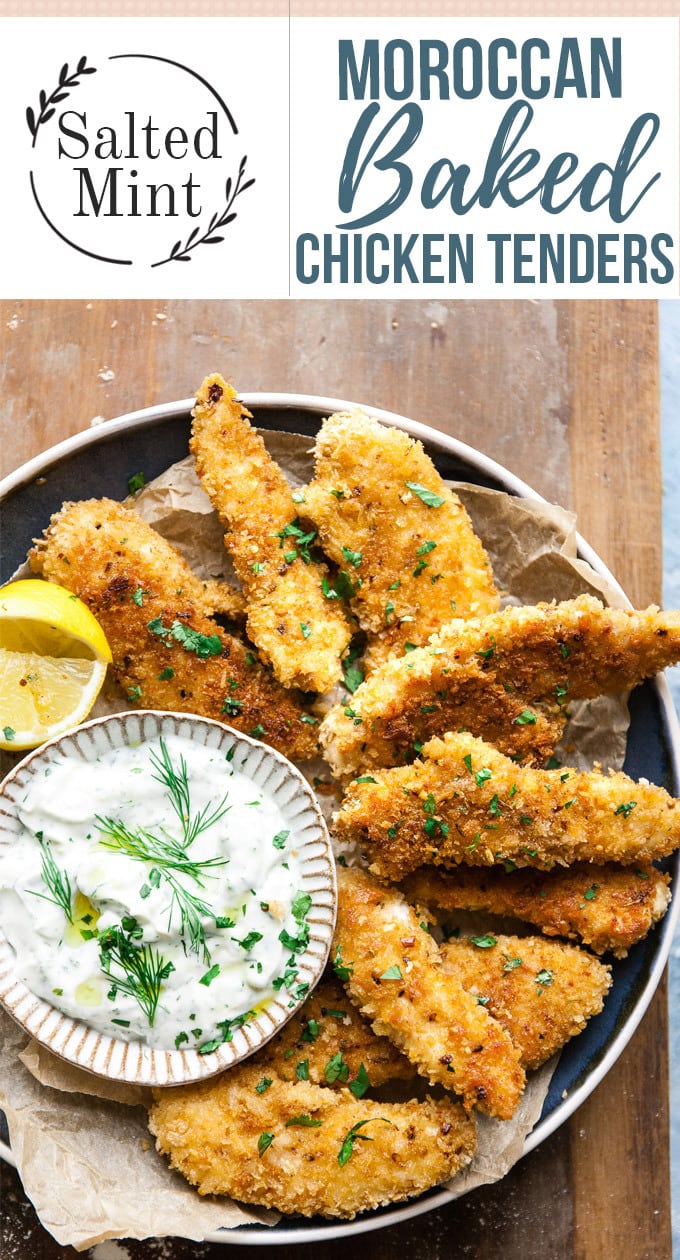 Baked chicken tenders with homemade ranch dressing.