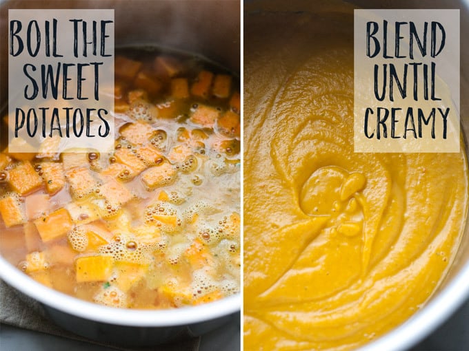 Creamy sweet potatoes in step by step photos with vegetable broth.