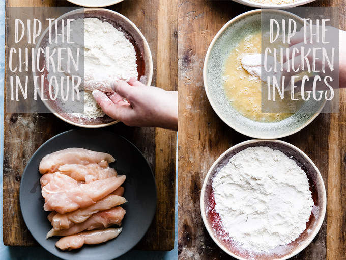 Chicken tenders being dipped step by step