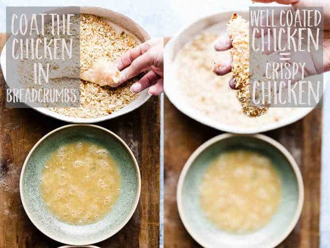 Chicken tenders being coated in breadcrumbs step by step