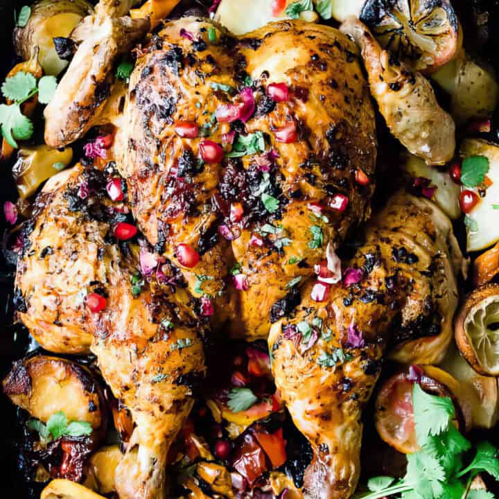 Harissa chicken with vegetables and potatoes.