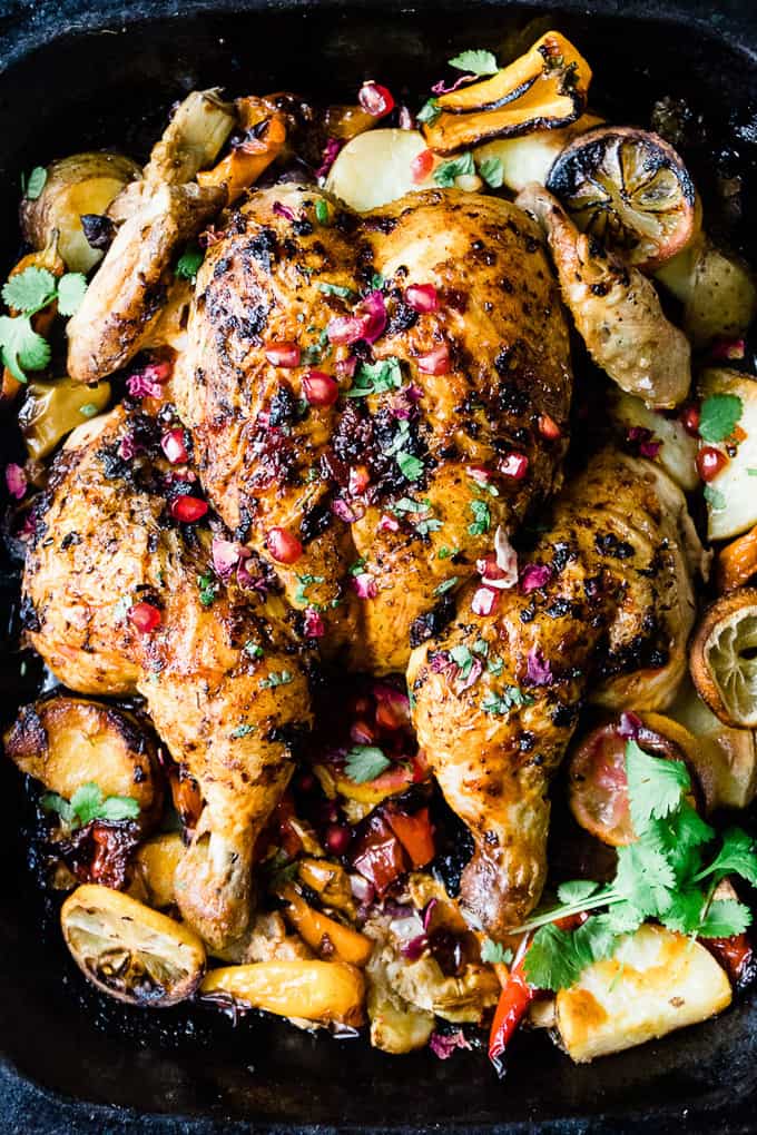 roasted chicken in pan with vegetables