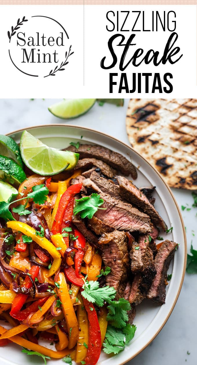 Bowl with steak fajitas with text overlay.