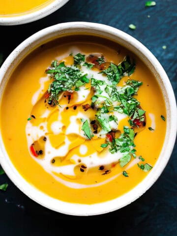 Sweet potato coconut soup with fresh cilantro.