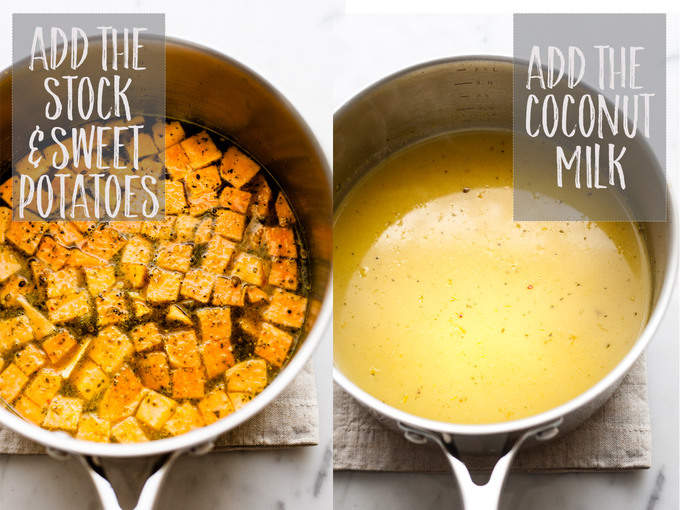 Sweet potato soup in a pan with coconut milk.