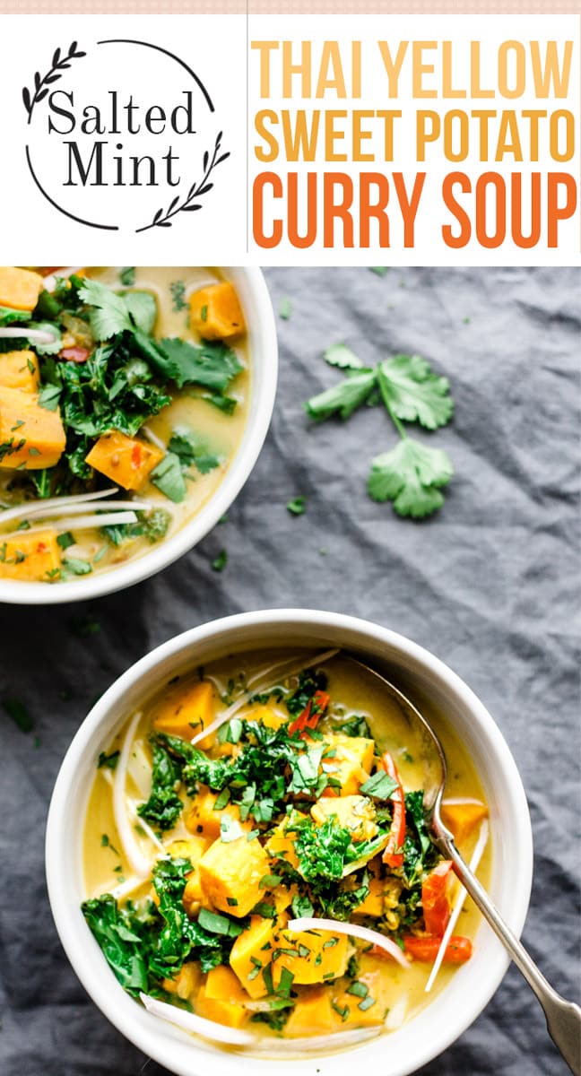 Thai yellow curry soup with sweet potatoes in a bowl.