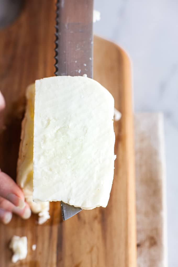 Halloumi with olive oil and pepper.