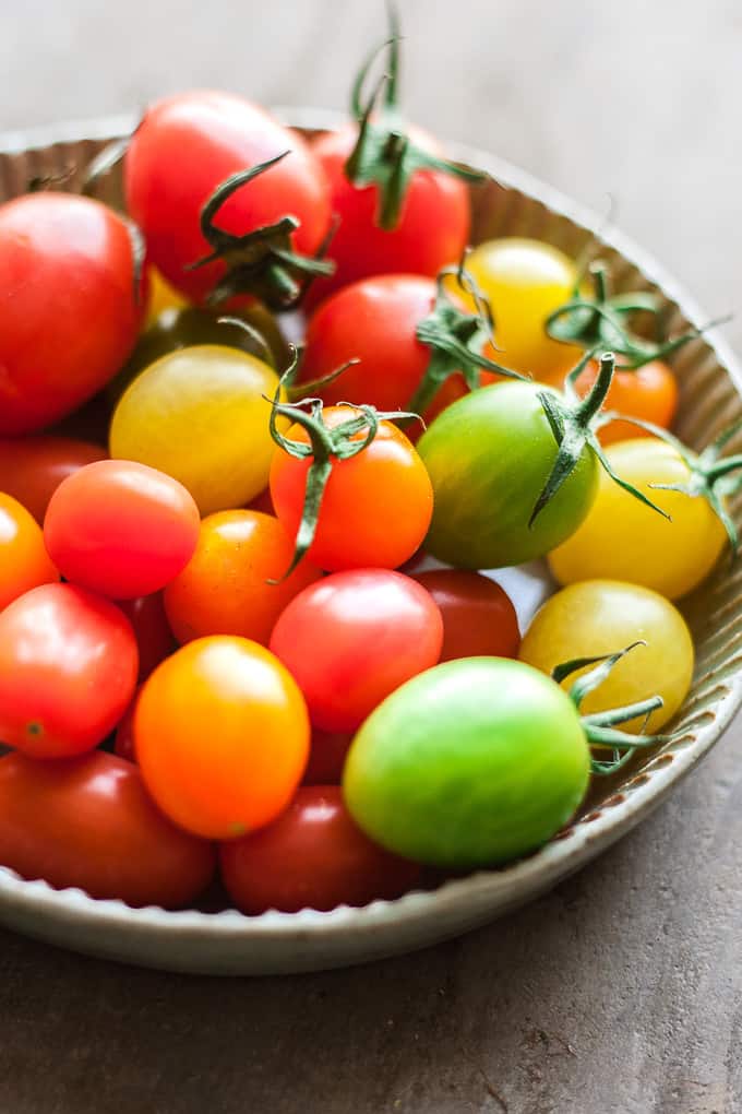 Bowl of whole rainbow cherry tomatoes for bruschetta