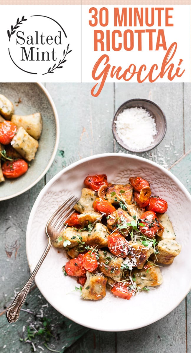 Ricotta gnocchi with tomatoes and text overlay.