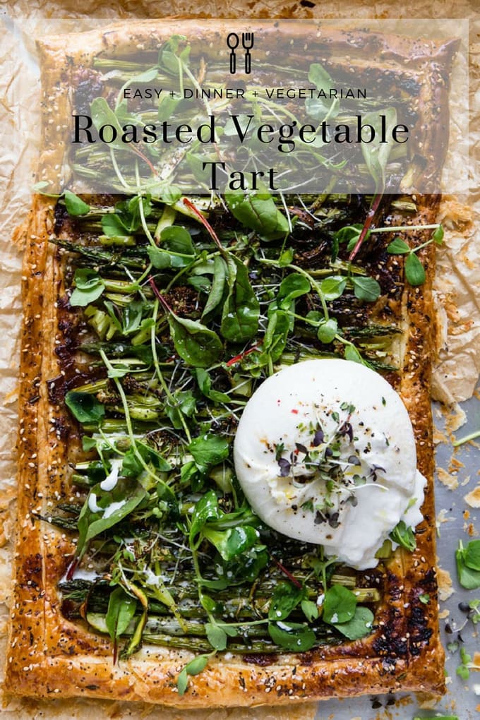 Vegetable tart with text overlay.