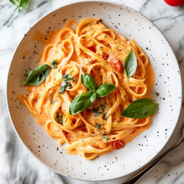 Creamy Tuscan tomato pasta with basil.