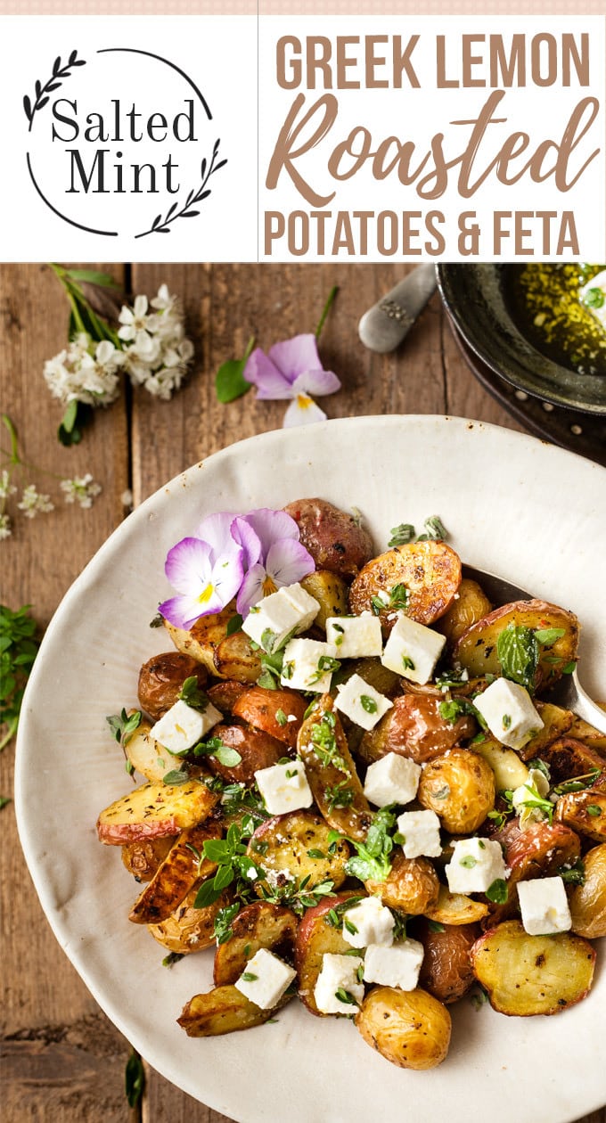 Roasted Greek potatoes with feta and herbs.