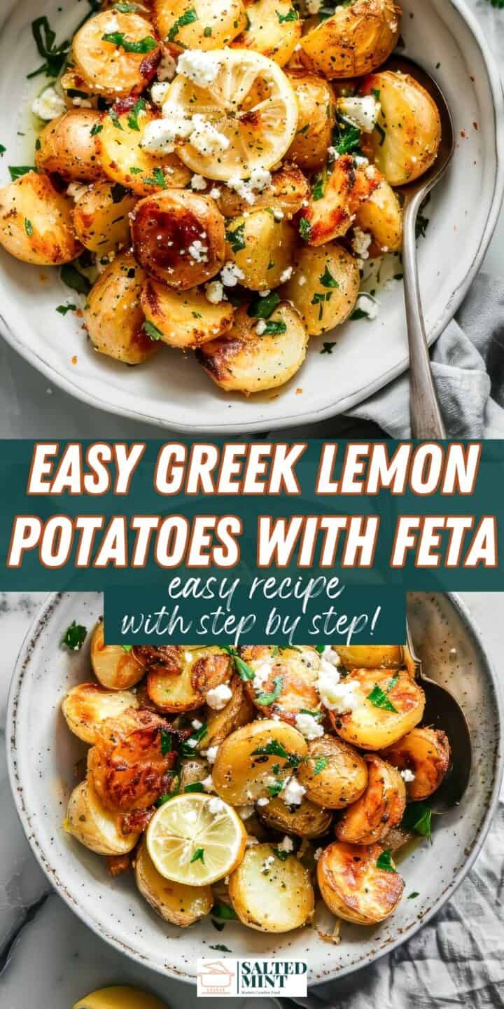 Greek roast potatoes topped with feta and lemon.