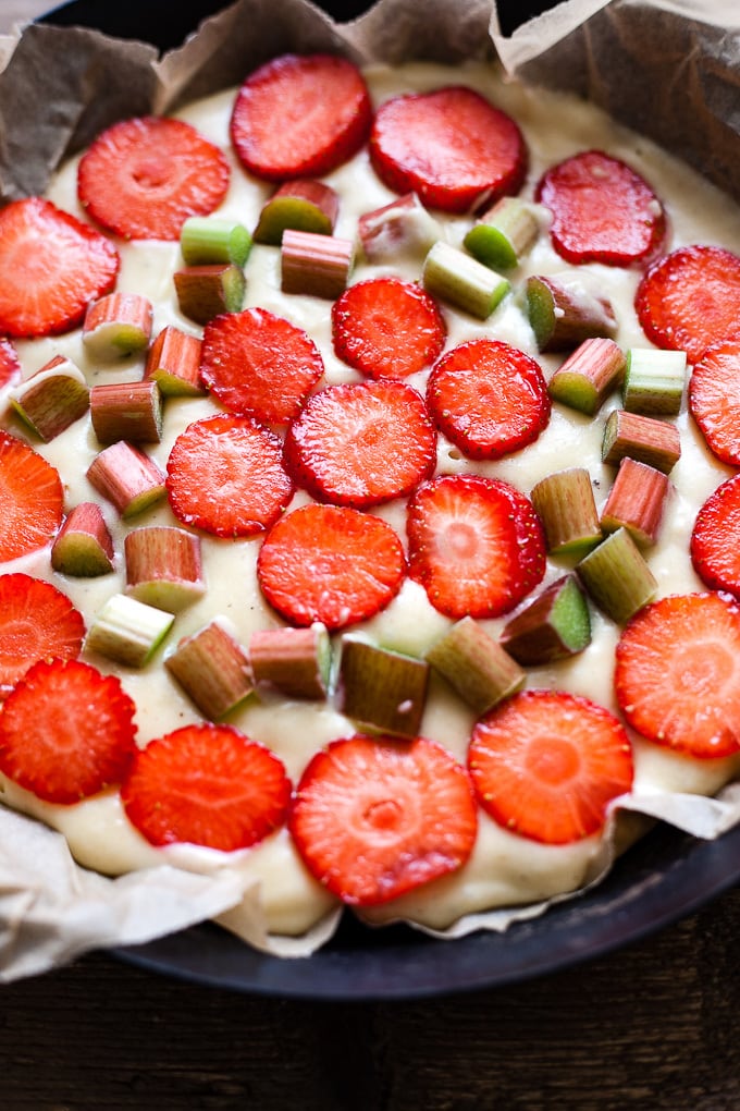 Strawberry rhubarb cake before baking.