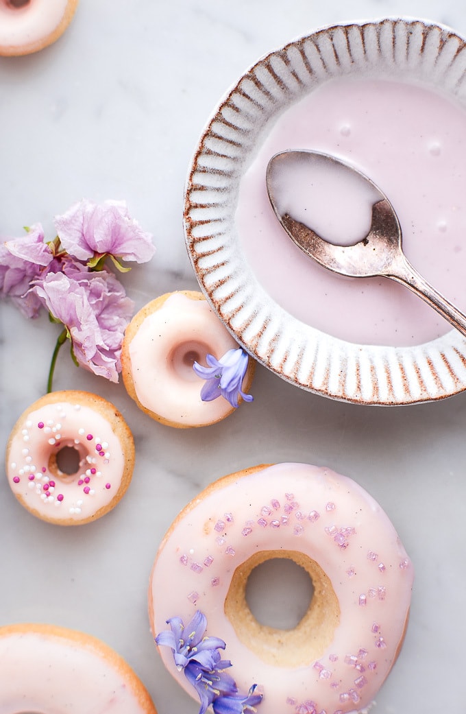 Close up of glazed and baked donuts