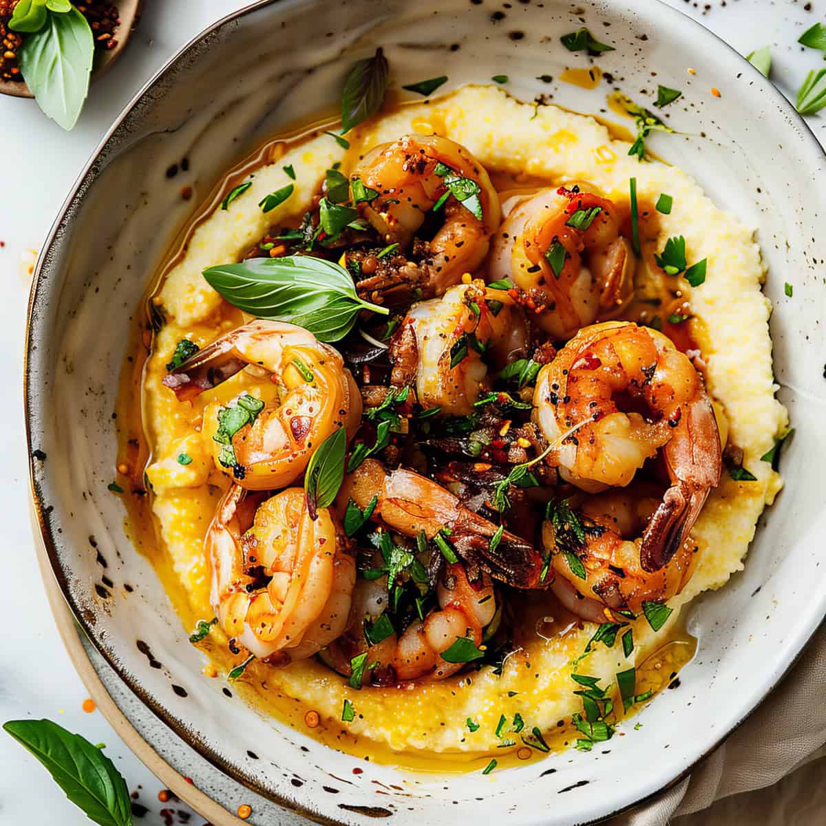 Shrimp and polenta with basil in a bowl.