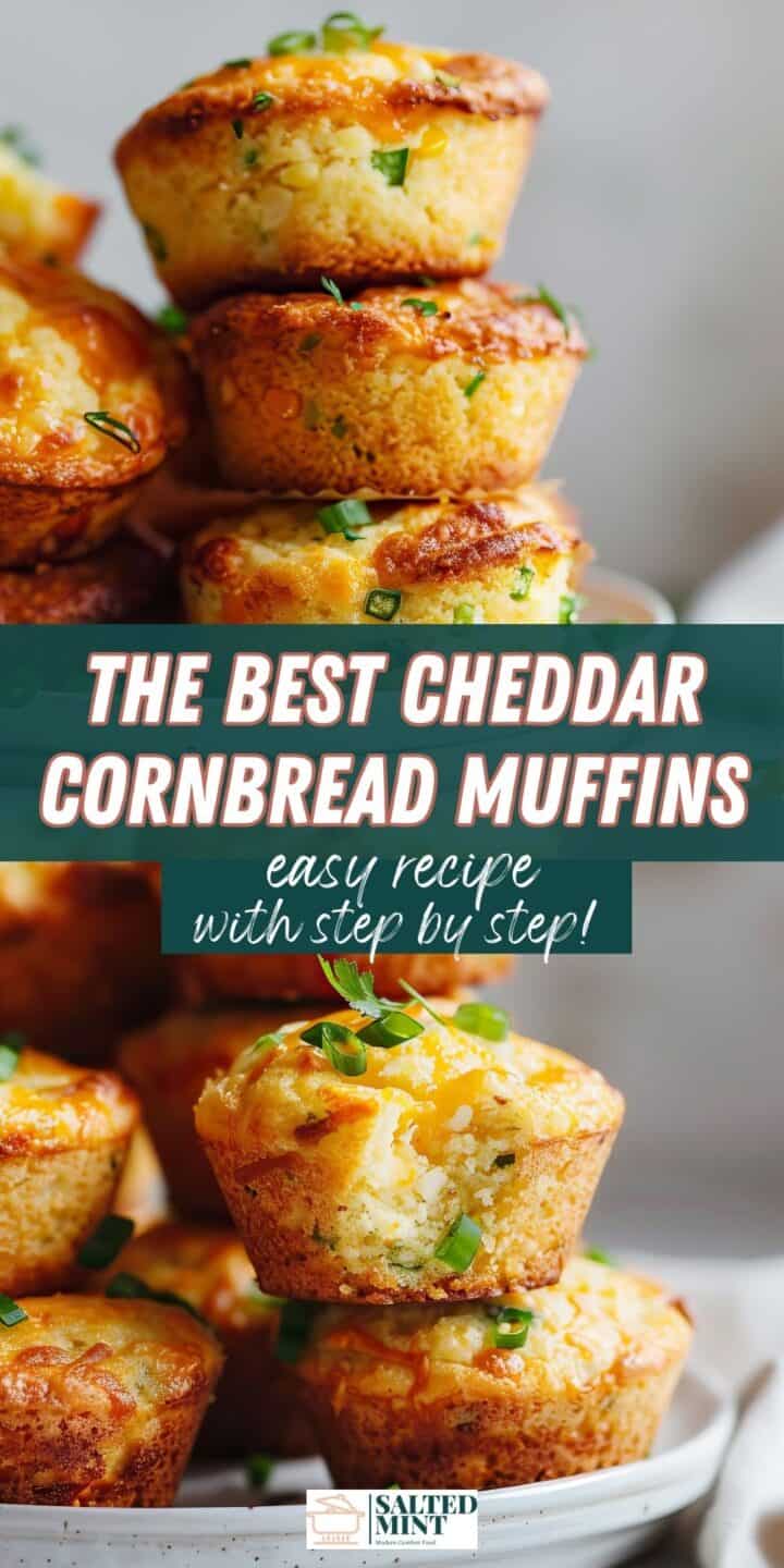 Cheddar cornbread muffins on a white plate.