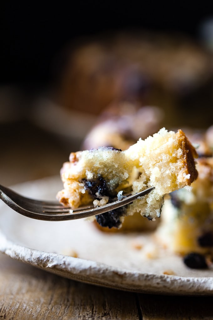 Blueberry coffee cake with a fork