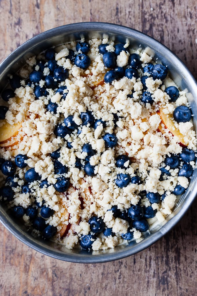 Blueberry coffee cake with almond streusel topping, unbaked.