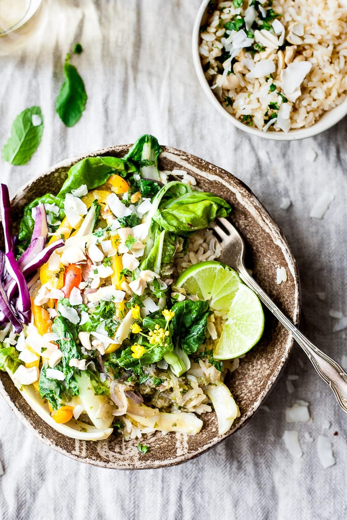 vegetarian Thai green curry in a bowl with rice