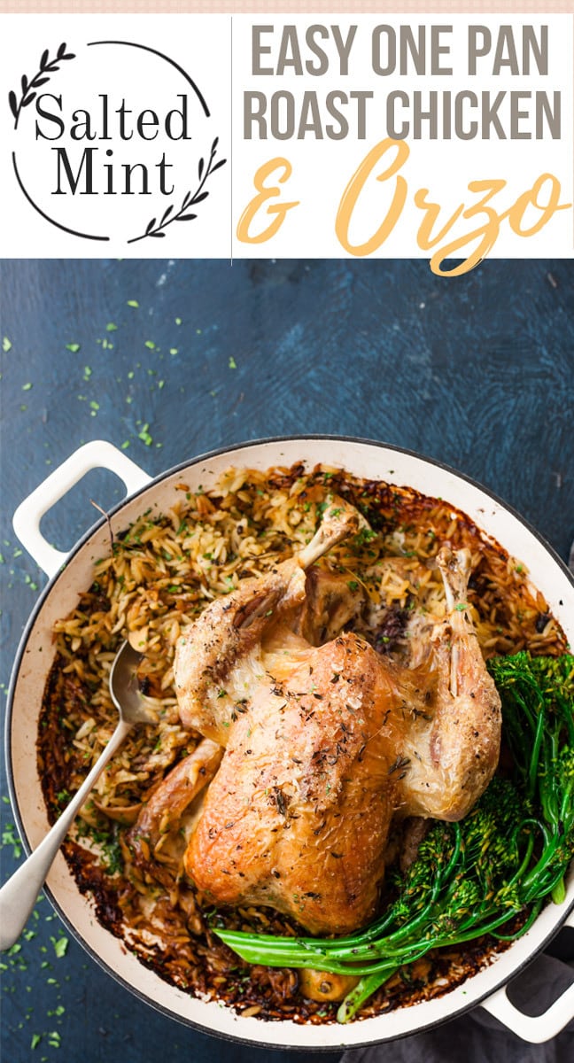 Roast chicken dinner in a pot with text overlay.