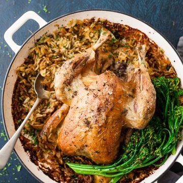 Roast chicken dinner in a pot with orzo and broccoli.