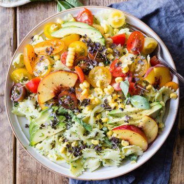 Easy pasta salad with peaches and basil.