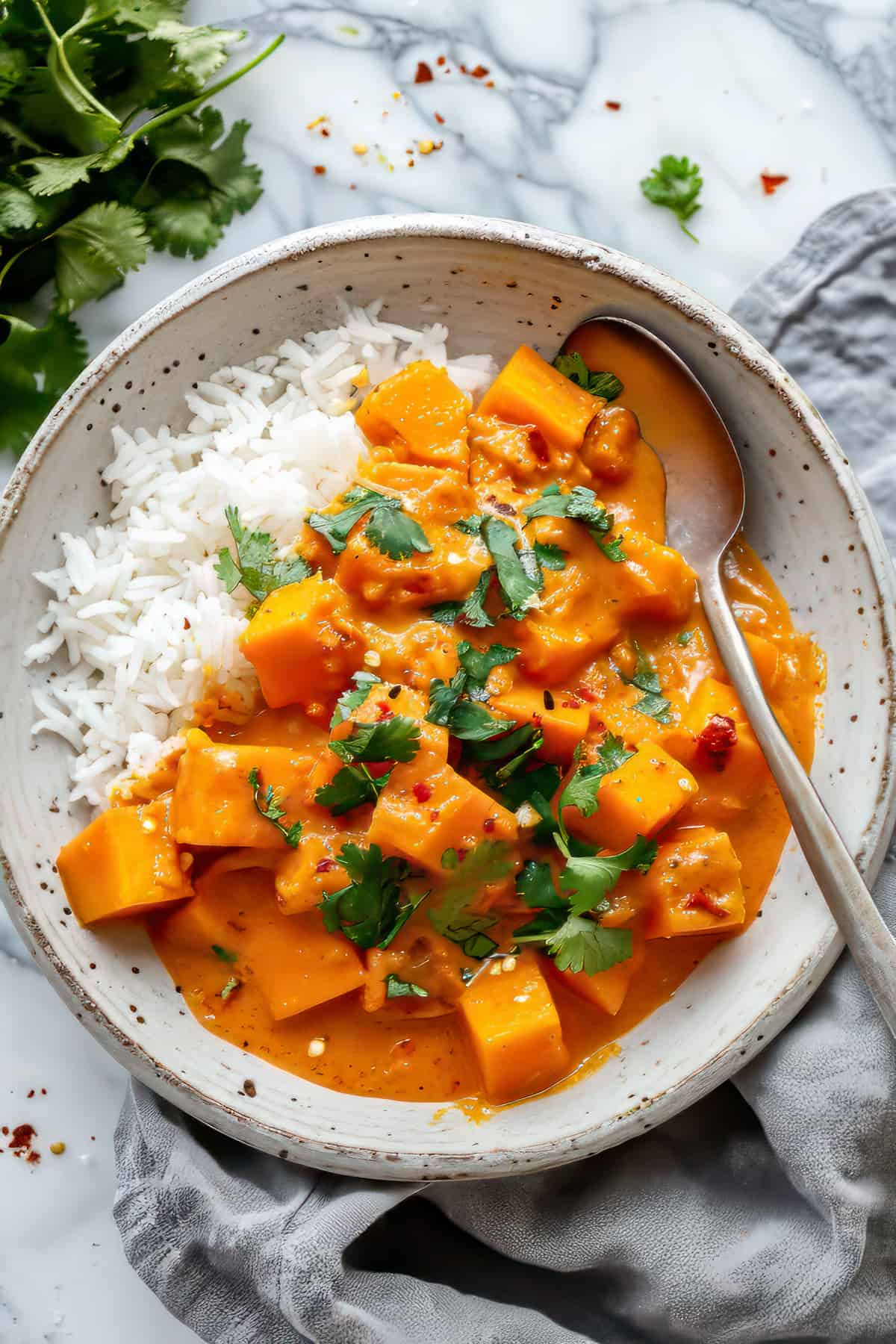 Easy vegetarian pumpkin curry with coconut milk in a white bowl.