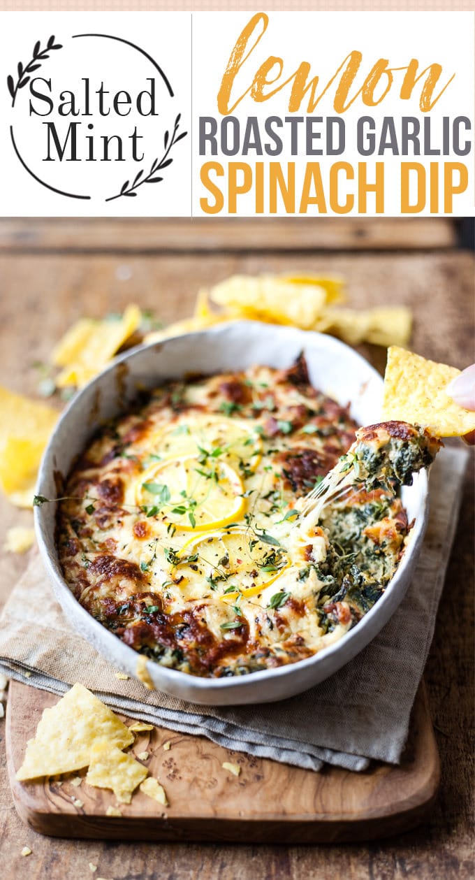 Hot Spinach Dip in a dish with chips on a bread board. With Text overlay.
