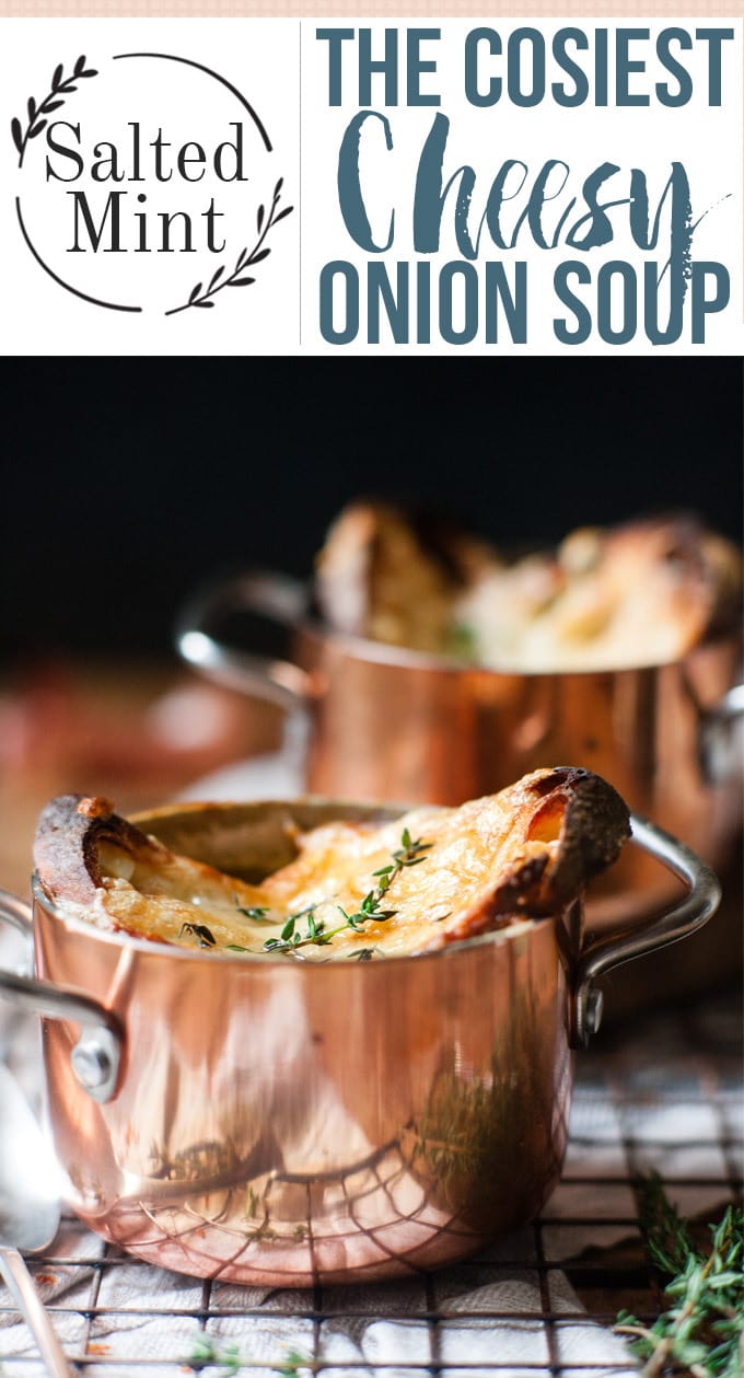 Easy French Onion Soup In Bowls with text overlay.