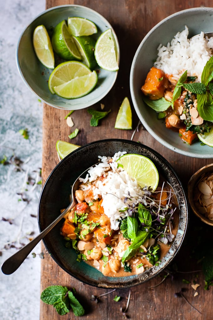 Chickpea coconut curry with rice and limes.