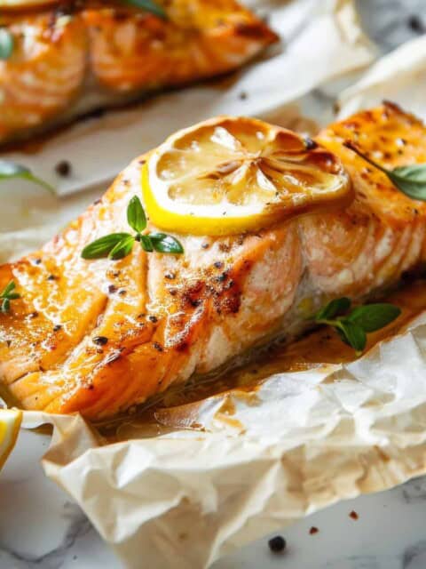 Salmon en papillote with lemon butter and herbs.