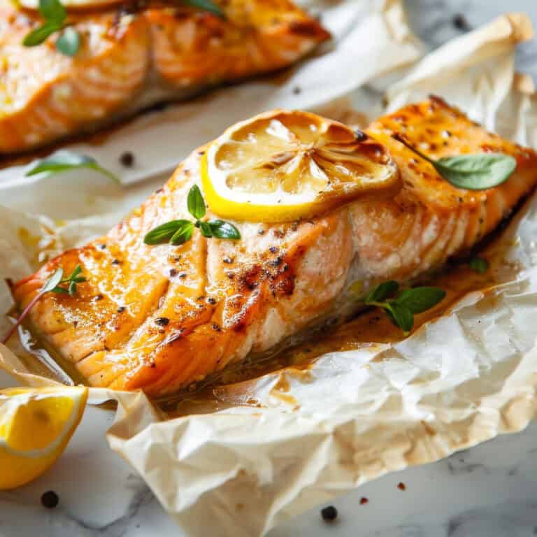 Salmon en papillote with lemon butter and herbs.
