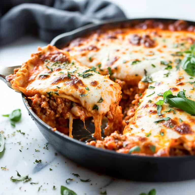 Easy skillet lasagna with ground beef in a cast iron pan.