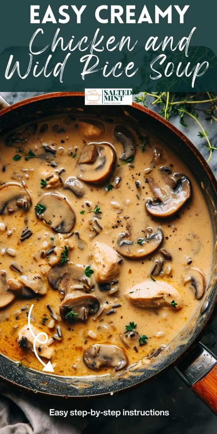 Creamy chicken and wild rice soup with mushrooms in a Dutch oven.