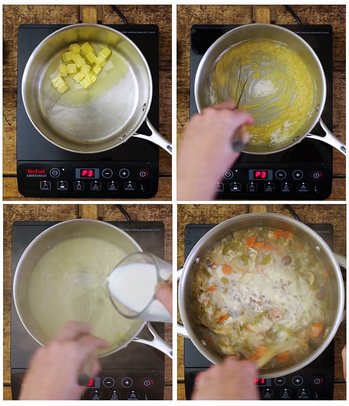 Step by step of making the roux sauce for the creamy chicken wild rice soup.