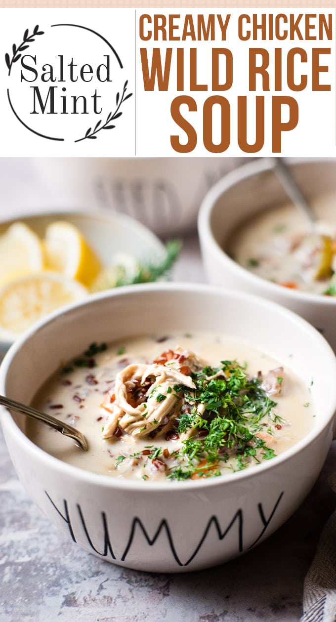 Creamy chicken and wild rice soup in bowls.