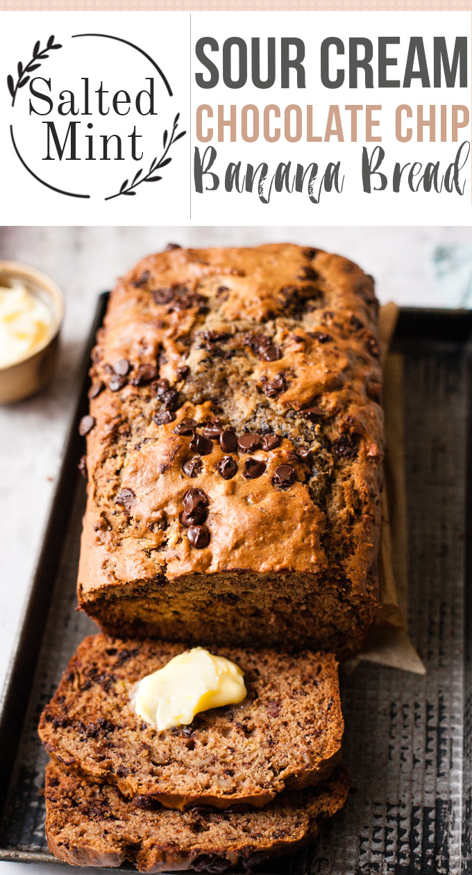 Sour cream chocolate chip banana bread with butter.