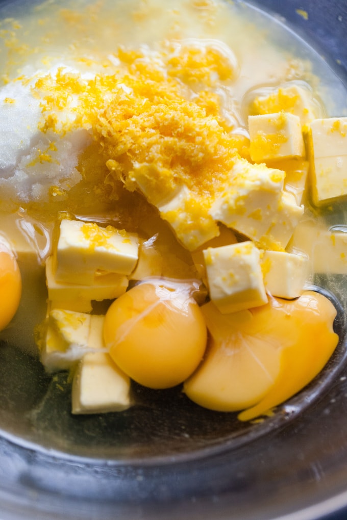 Bowl of lemon curd ingredients.