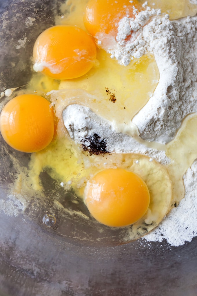 Eggs and flour in a bowl.