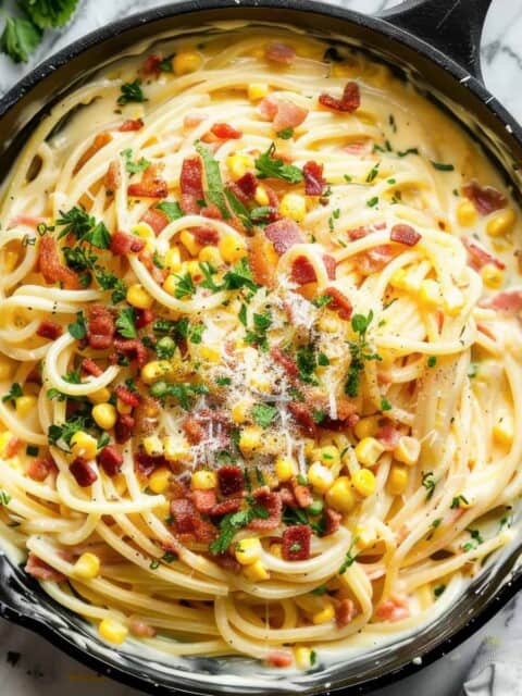 Creamy corn pasta with bacon in a skillet on a table.