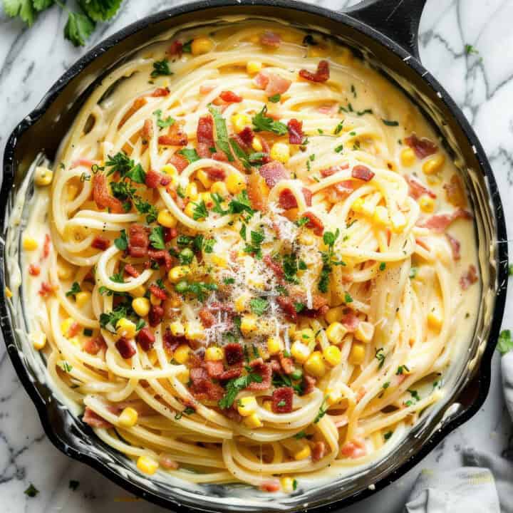 Creamy corn pasta with bacon in a skillet on a table.