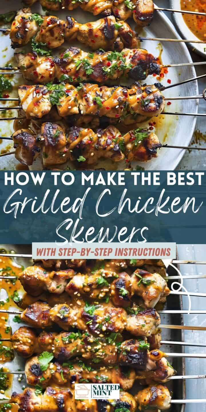 Grilled chicken skewers with peanut sauce.
