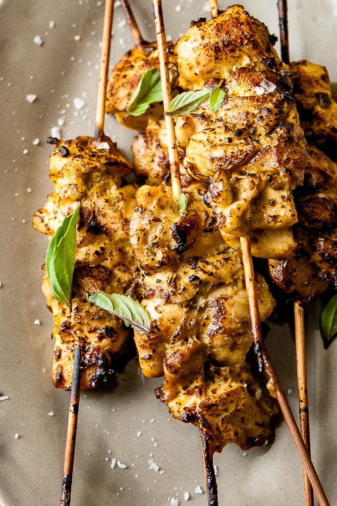 Grilled chicken kabobs on a plate-close up.