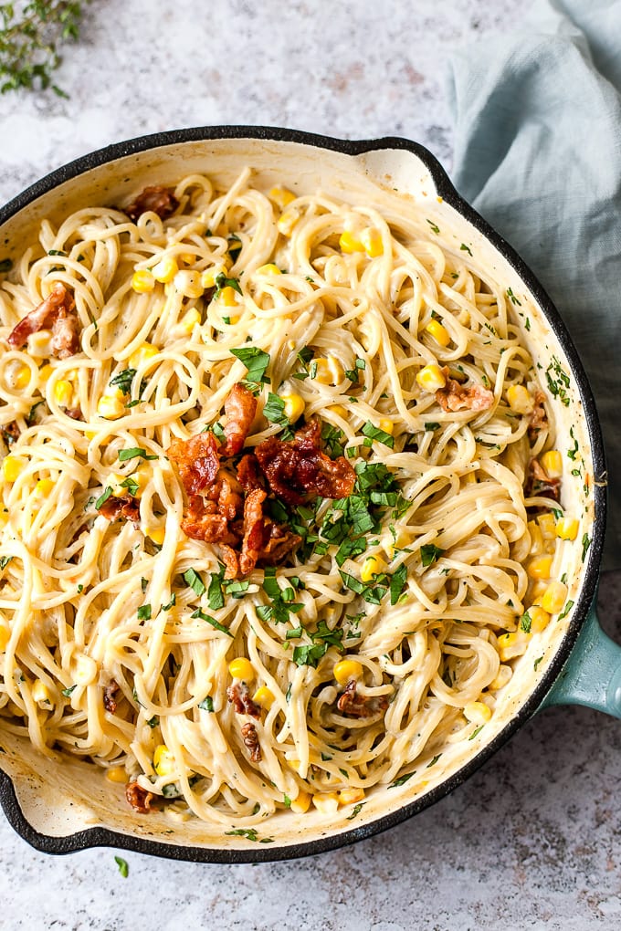 Easy one pot pasta in a cast iron skillet.