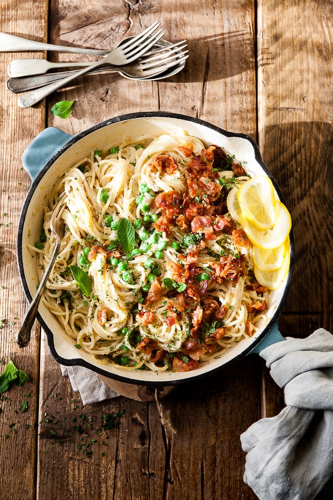 The Easiest One Pot Pasta With Peas and Bacon Recipe • Salted Mint