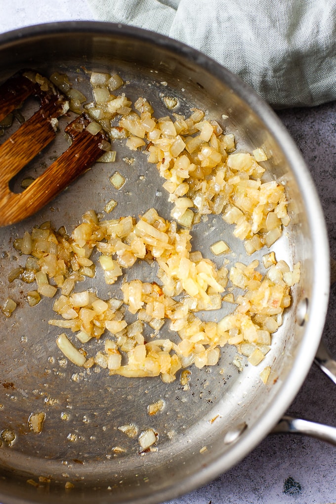 Step 1 of cooking process for asparagus risotto.